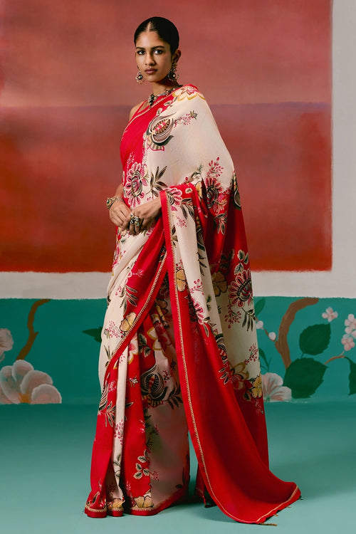 Ecru and Red Floral Saree