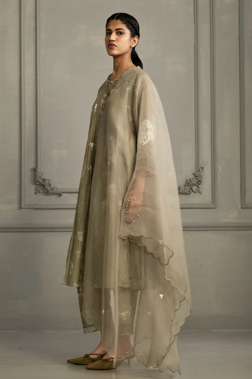 Sage Green Discharge Pleated Tunic Set