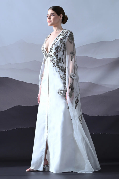Ivory Gown With Hand-Embroidered Motifs