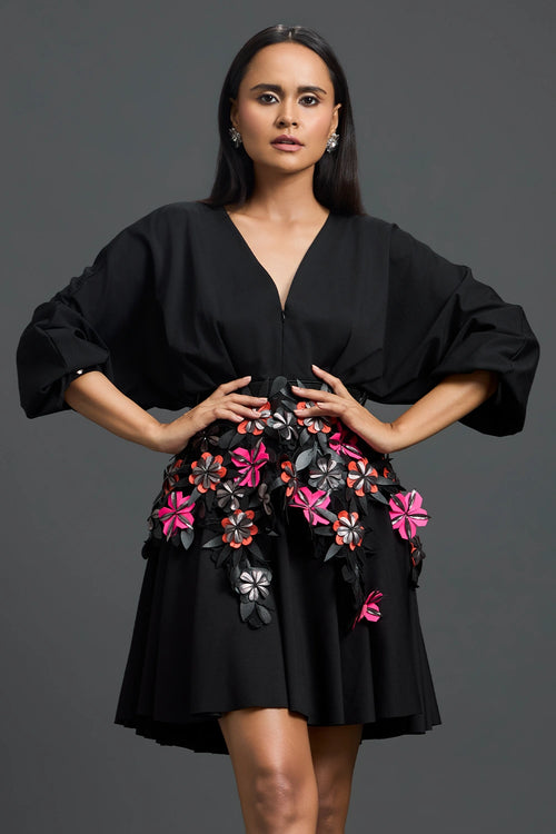 Black Voluminous Sleeve Dress with Floral Belt