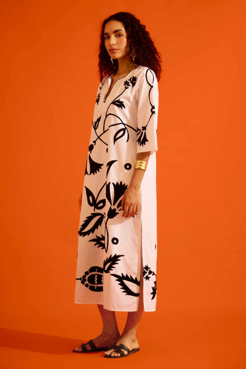 Ivory Cotton Maxi Dress with Black Thread Embroidery