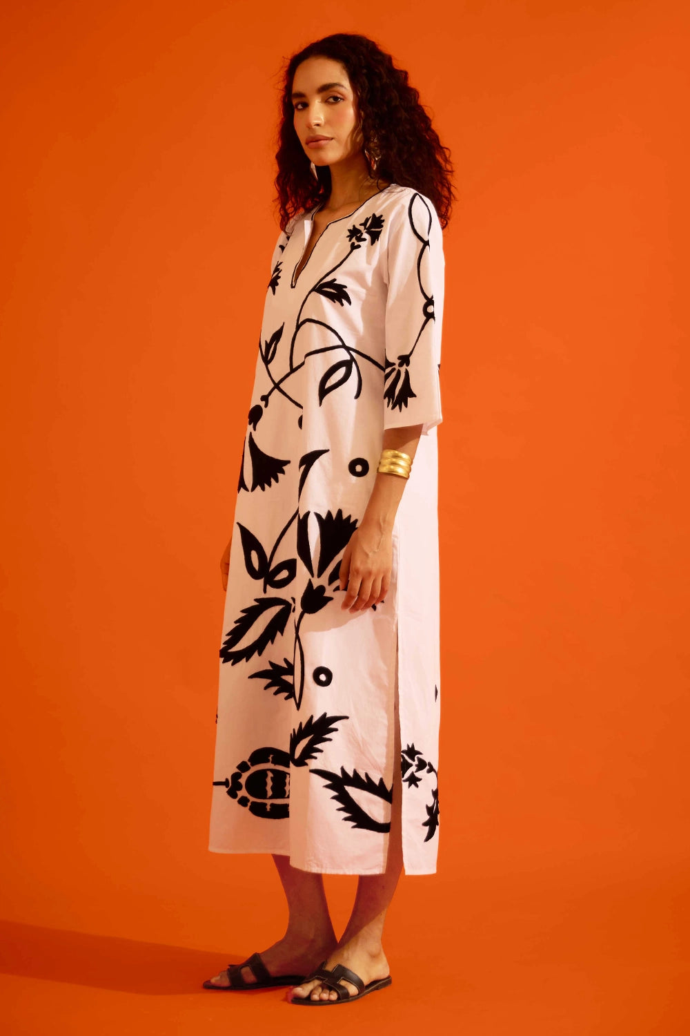 Ivory Cotton Maxi Dress with Black Thread Embroidery