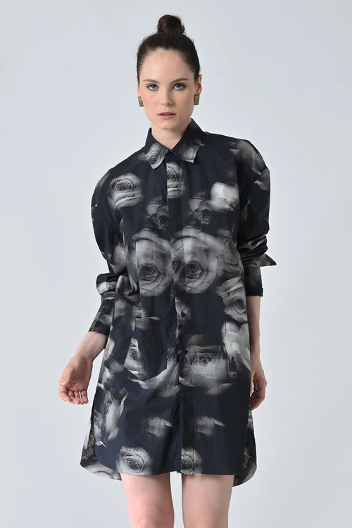 Black Blur Rose Printed Long Shirt