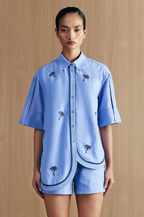 Blue Chambrey Embellished Hi-Low Shirt