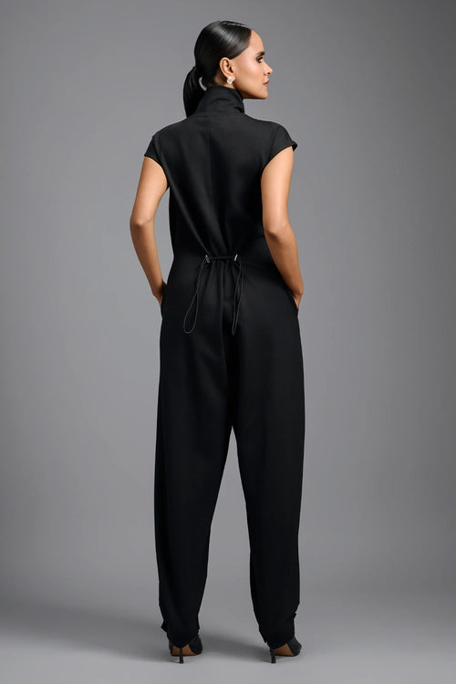 Black Sculptural High-Neck Jumpsuit