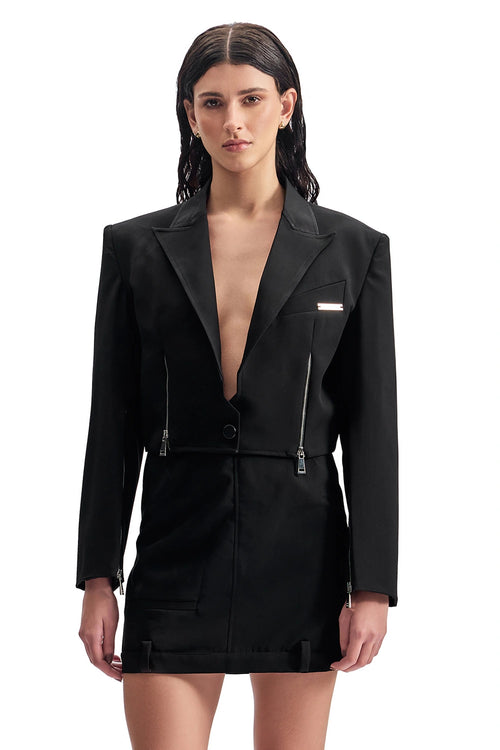 Black Cropped Zip-Front Blazer & Skirt Set