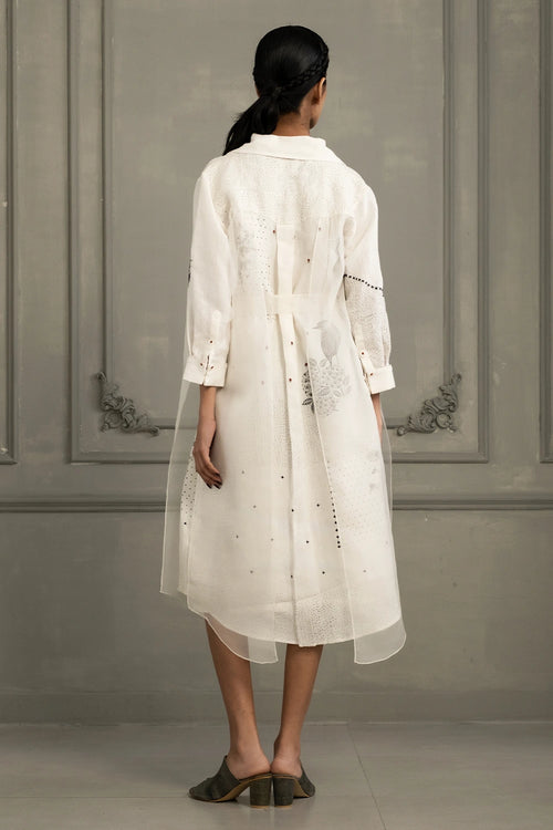 Ivory Block Print Linen And Organza Layered Dress