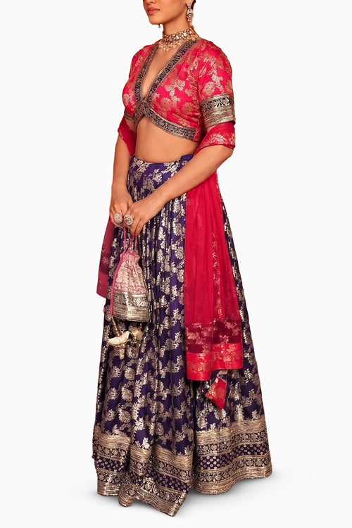 Pink Purple Banarasi Begum Lehnga Set
