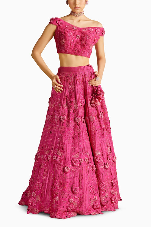 Fuchsia Cutwork And 3D Applique Bustier And Lehenga