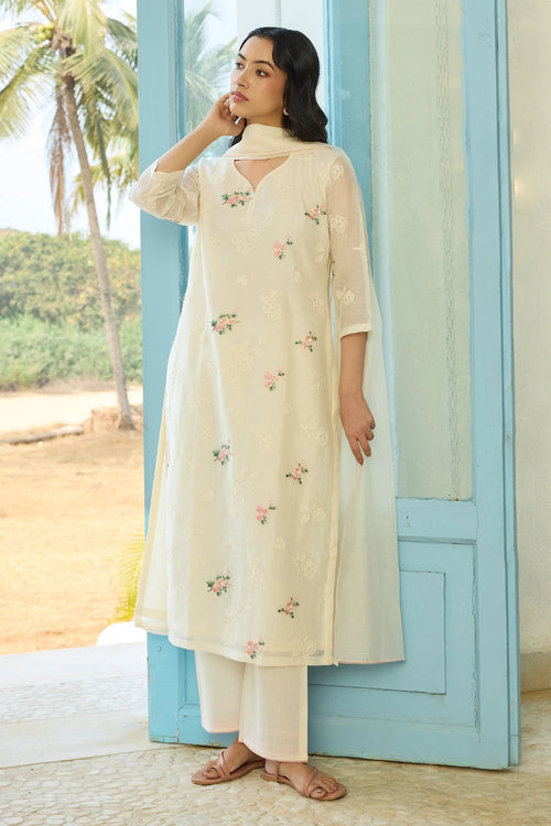 Ivory Thread Embroidered Kurta set