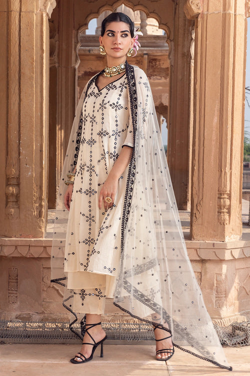 Black and White Big Flower Anarkali with Embroidered Dupatta