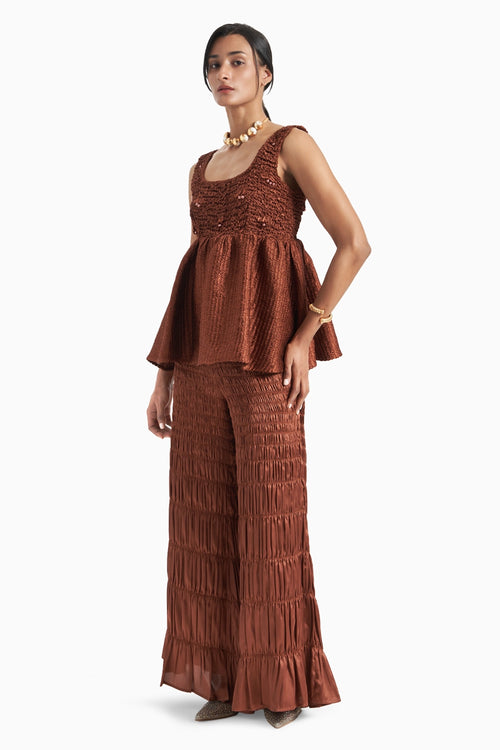 Brown Babydoll Smocked Top With Smocked Satin Pants