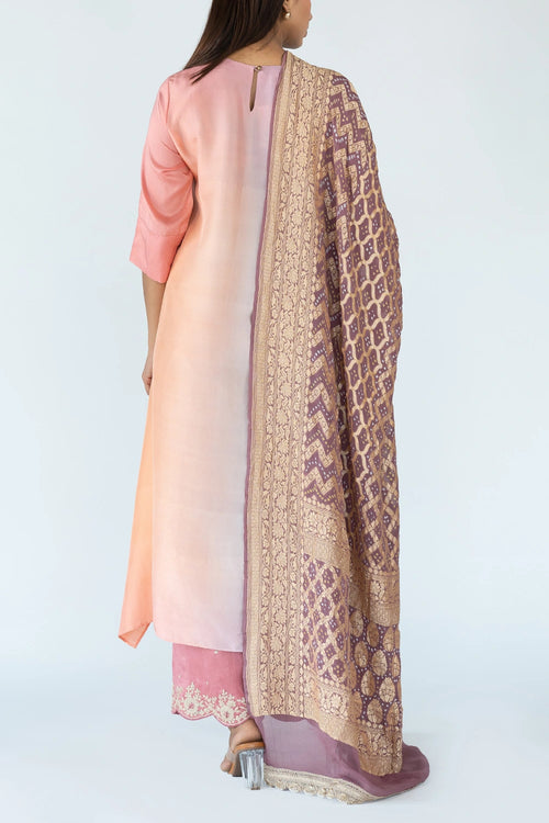 Grey Peach Ombre Kurta With Dupatta