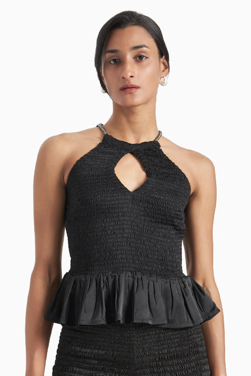 Black Wave Smocked Back Peekaboo Top With Bow