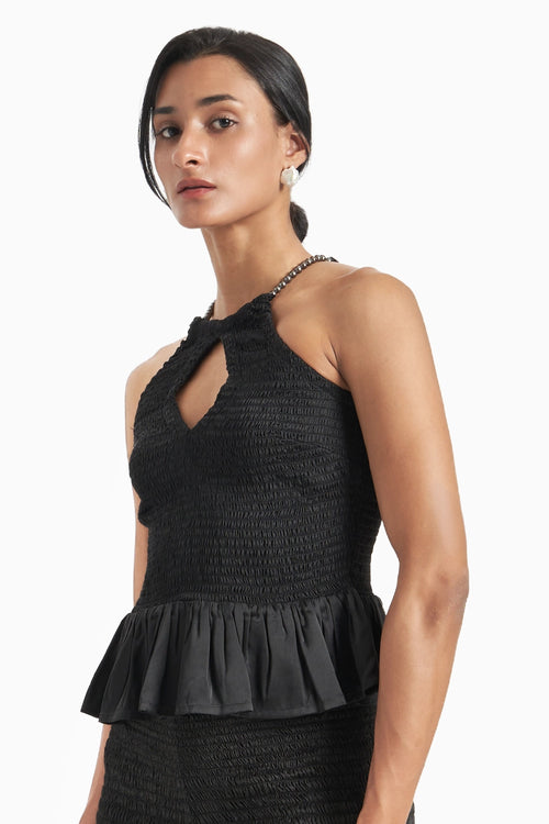 Black Wave Smocked Back Peekaboo Top With Bow