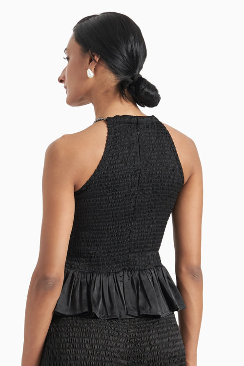 Black Wave Smocked Back Peekaboo Top With Bow
