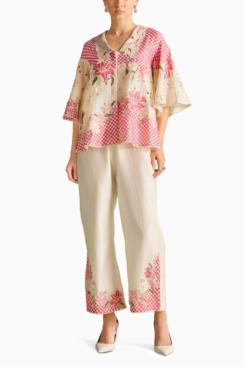 Ivory And Fuchsia Checkered Applique Co-ord Set
