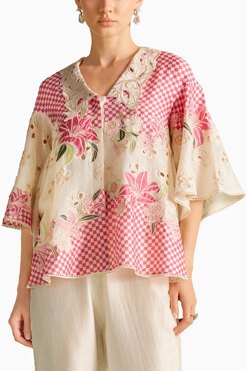 Ivory And Fuchsia Checkered Applique Shirt