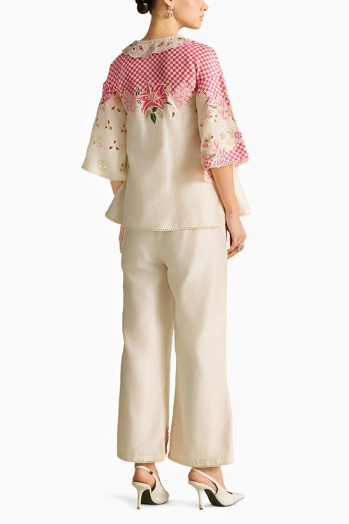 Ivory And Fuchsia Checkered Applique Co-ord Set