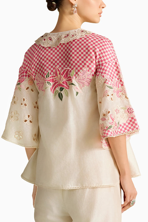 Ivory And Fuchsia Checkered Applique Shirt