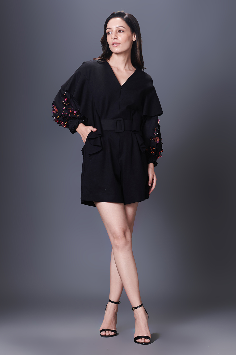 Black Playsuit With Hand Embroidered Sleeve & Belt