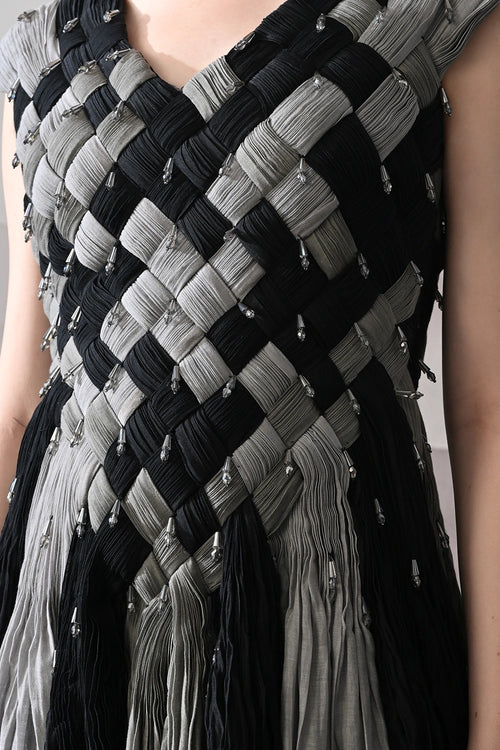 Black And Grey Woven Gown With Panelled Fall