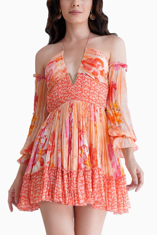 Pastoral Mist And Mushroom Printed Short Dress With Halter Neck Tie