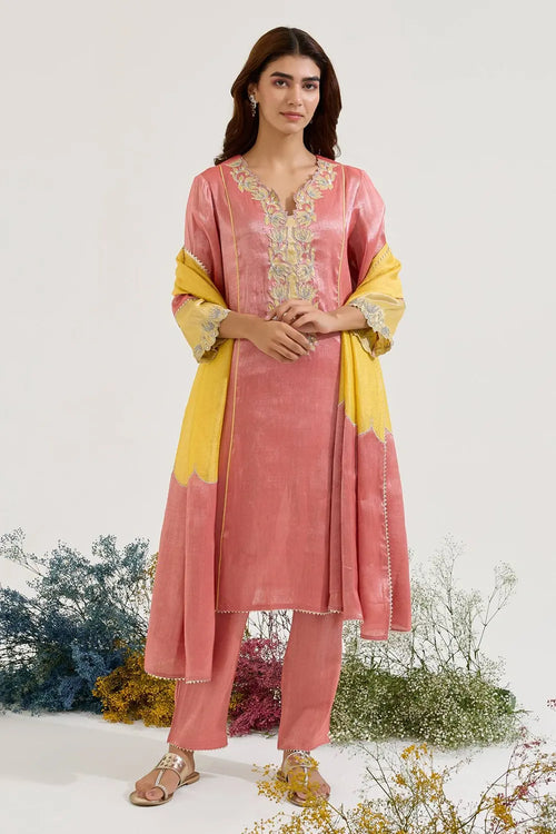 Red Lotus Applique Tissue Kurta Set