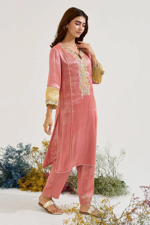 Red Lotus Applique Tissue Kurta And Pants Set