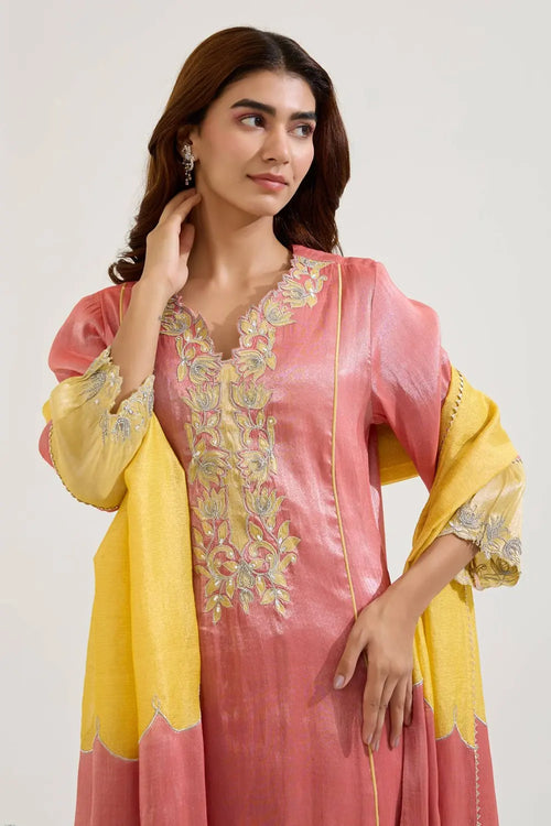 Red Lotus Applique Tissue Kurta Set