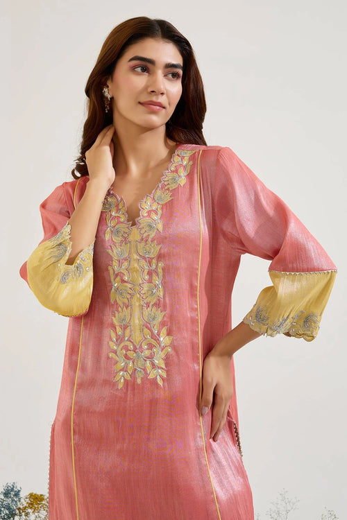 Red Lotus Applique Tissue Kurta And Pants Set