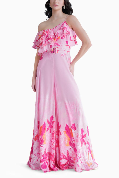 Fuchsia Orchid Printed Flared One Shoulder Jumpsuit