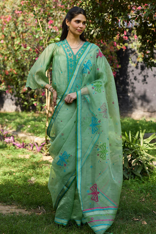 Garden Butterfly Green Jamdani Saree With Blouse