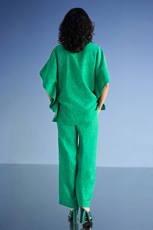 Straight Cut Linen-Textured Green Pant