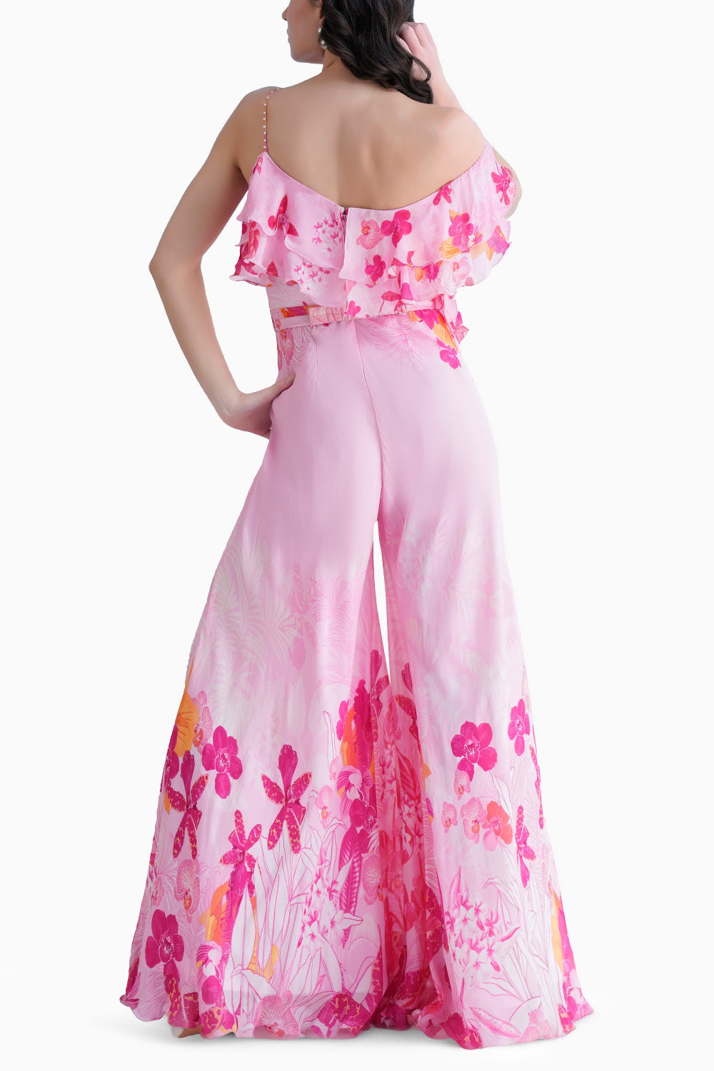 Fuchsia Orchid Printed Flared One Shoulder Jumpsuit