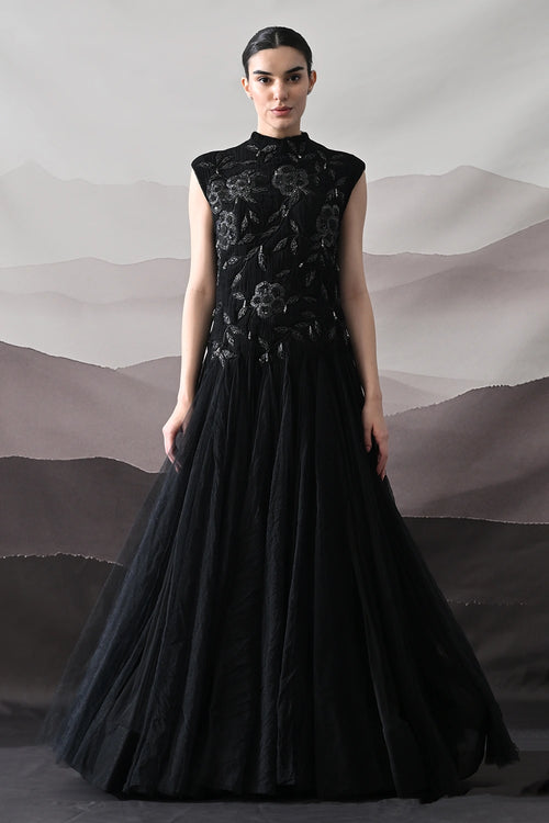 Black Hand-Embroidered Sleeveless Gown
