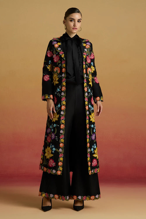 Black Cutwork Bib Layered Shirt and Long Amaryllis Jacket with Bell Bottoms