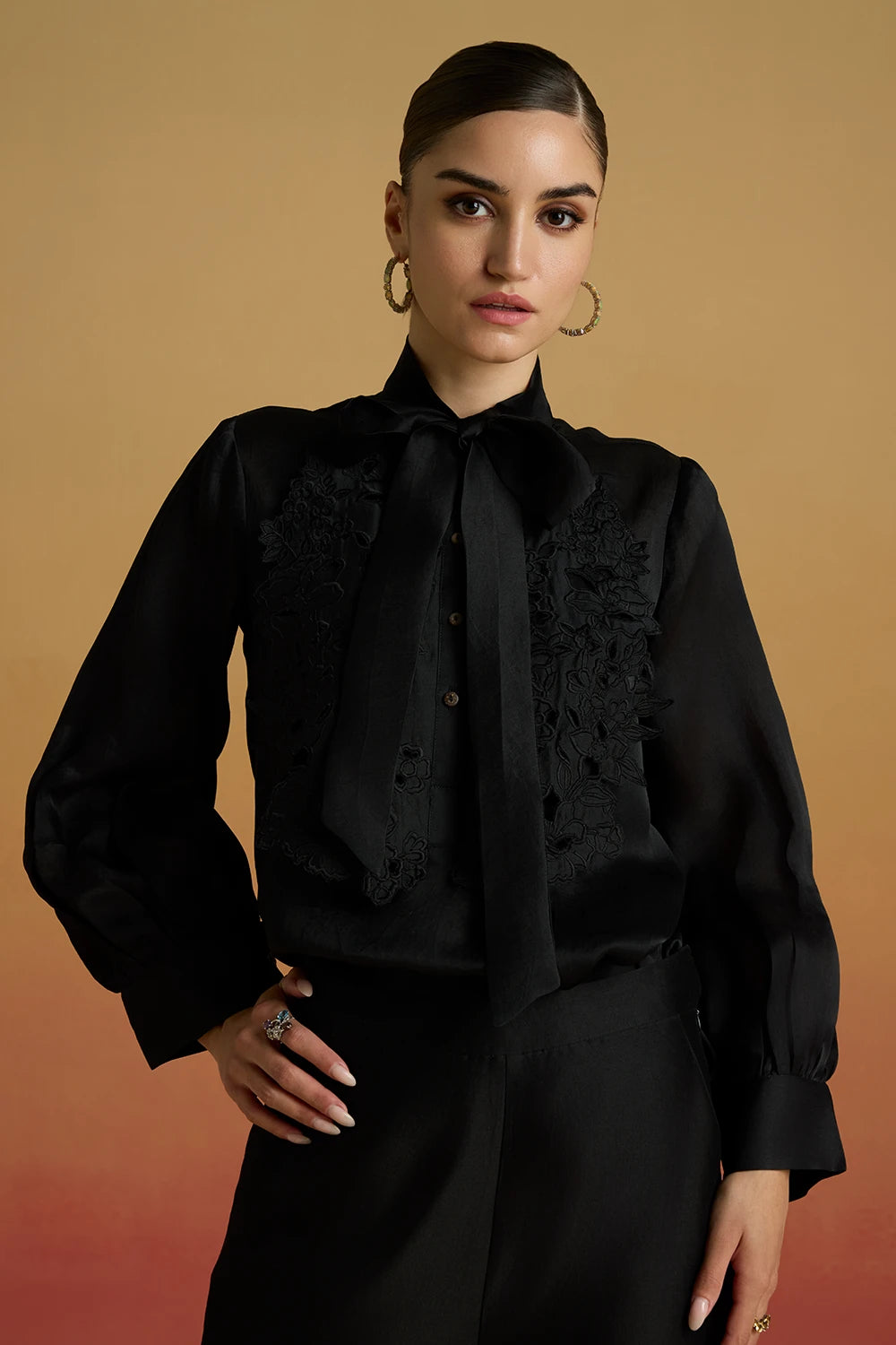 Black Cutwork Bib Layered Amaryllis Shirt