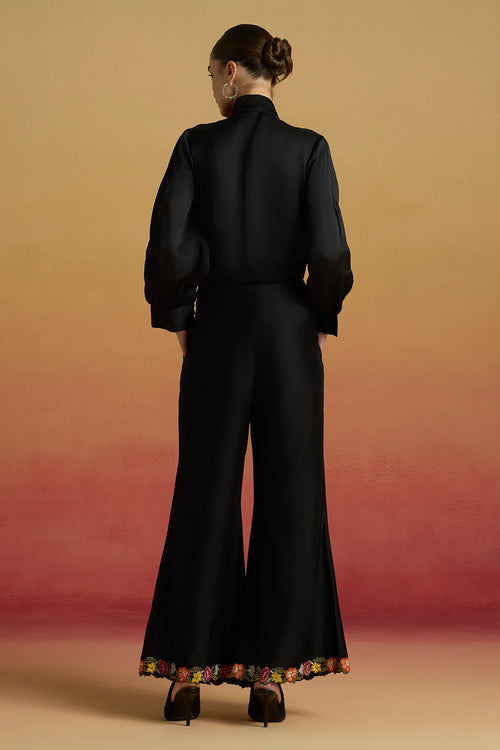 Black Cutwork Bib Layered Shirt and Long Amaryllis Jacket with Bell Bottoms