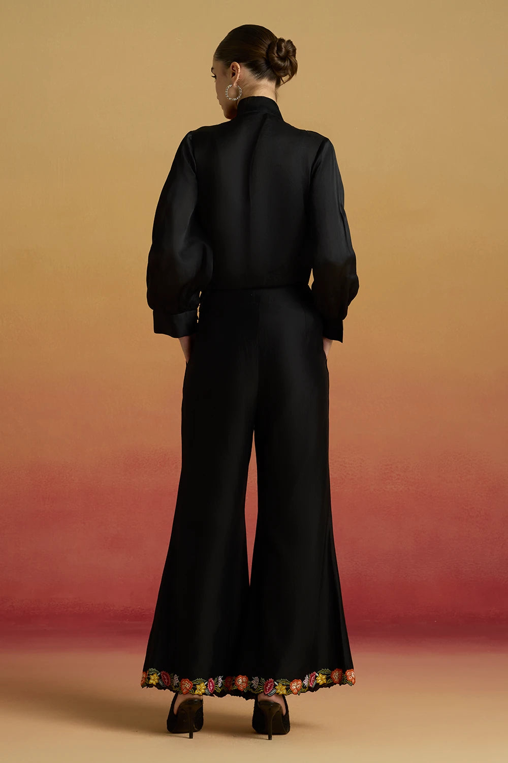 Black Cutwork Bib Layered Shirt and Long Amaryllis Jacket with Bell Bottoms