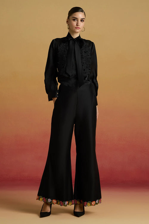 Black Floral Bell Bottom Amaryllis Pants