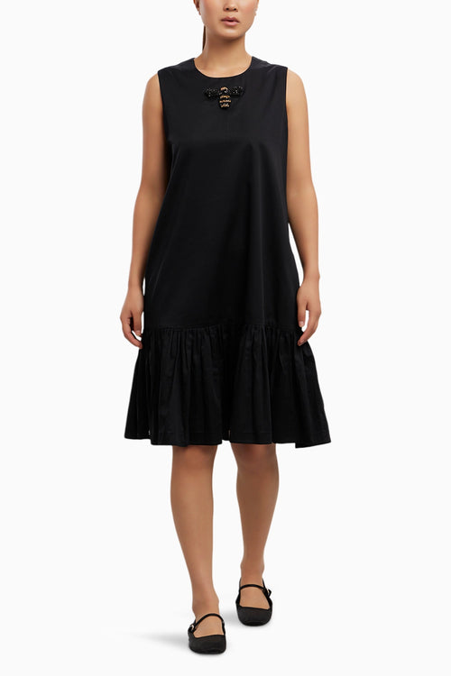 Black Shortbfrill Dress with Beetle Brooch
