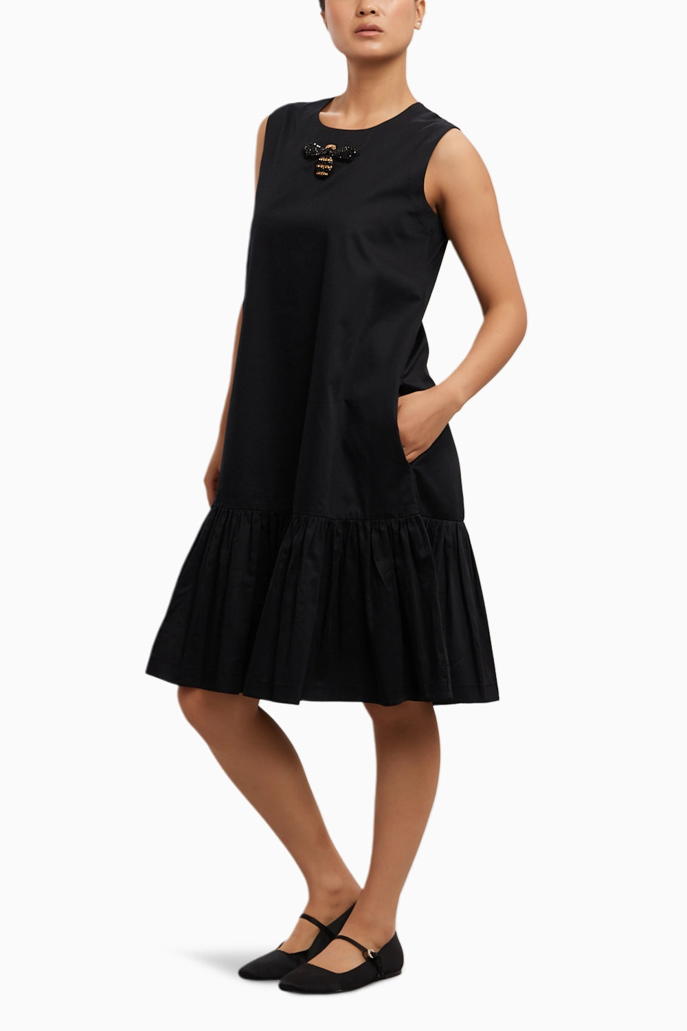 Black Shortbfrill Dress with Beetle Brooch