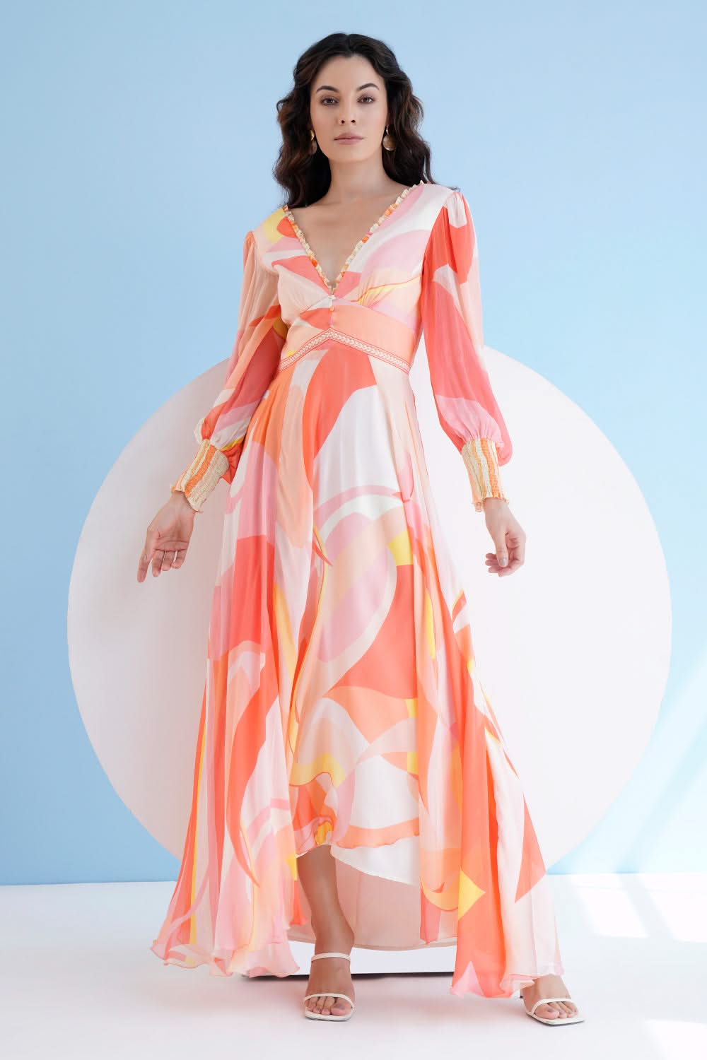 Peach Golden Ratio Printed Long Dress With Plunging Neckline Peach Golden Ratio Printed Long Dress With Plunging Neckline