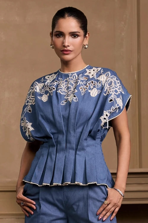 Blue Contrast Cutwork Pleated Top