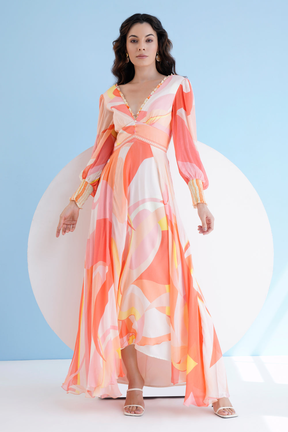 Peach Golden Ratio Printed Long Dress With Plunging Neckline