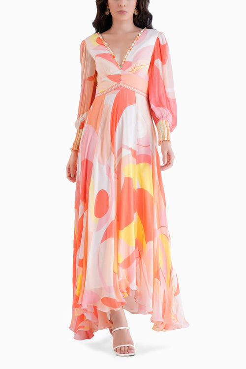 Peach Golden Ratio Printed Long Dress With Plunging Neckline