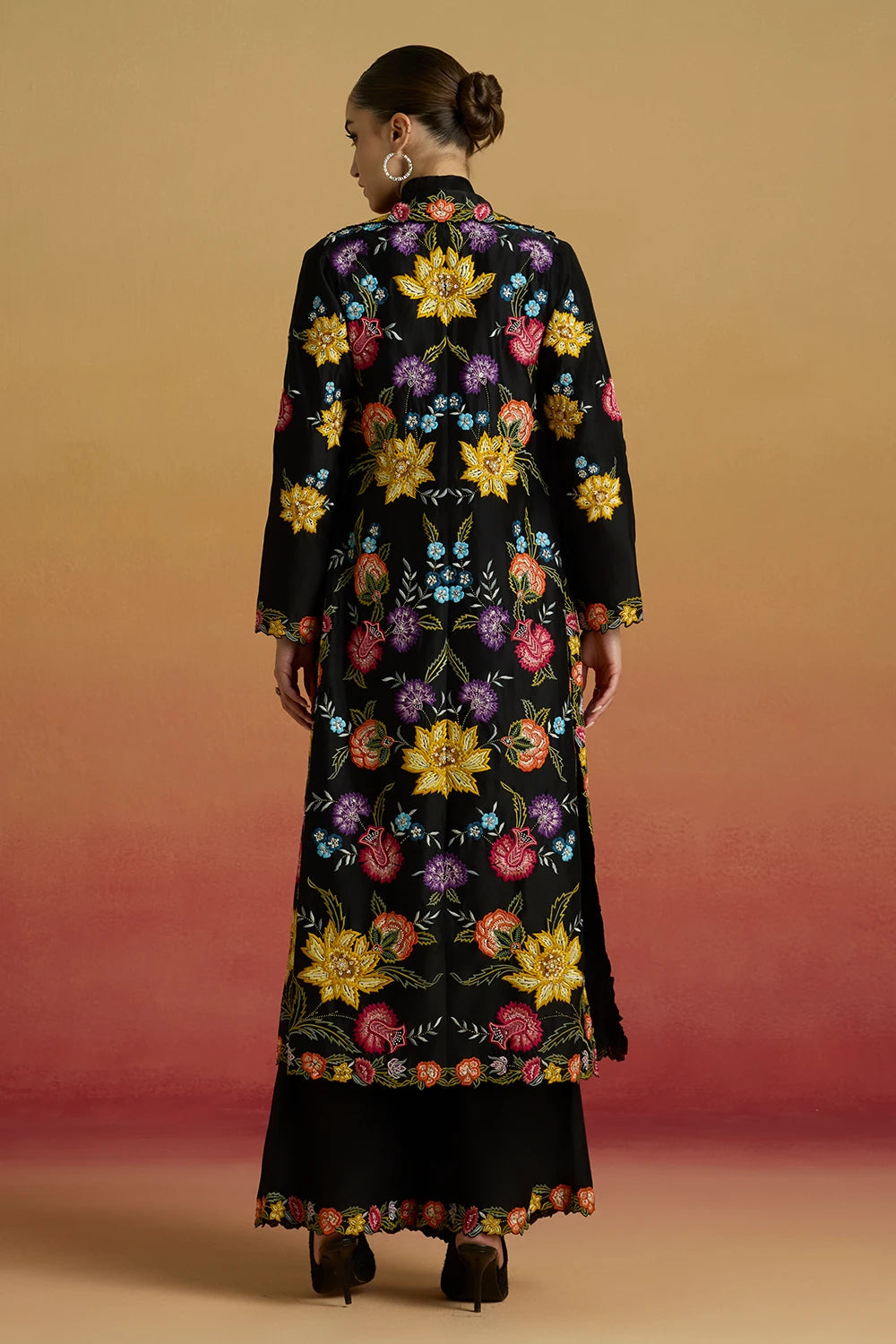 Black Cutwork Bib Layered Shirt and Long Amaryllis Jacket with Bell Bottoms