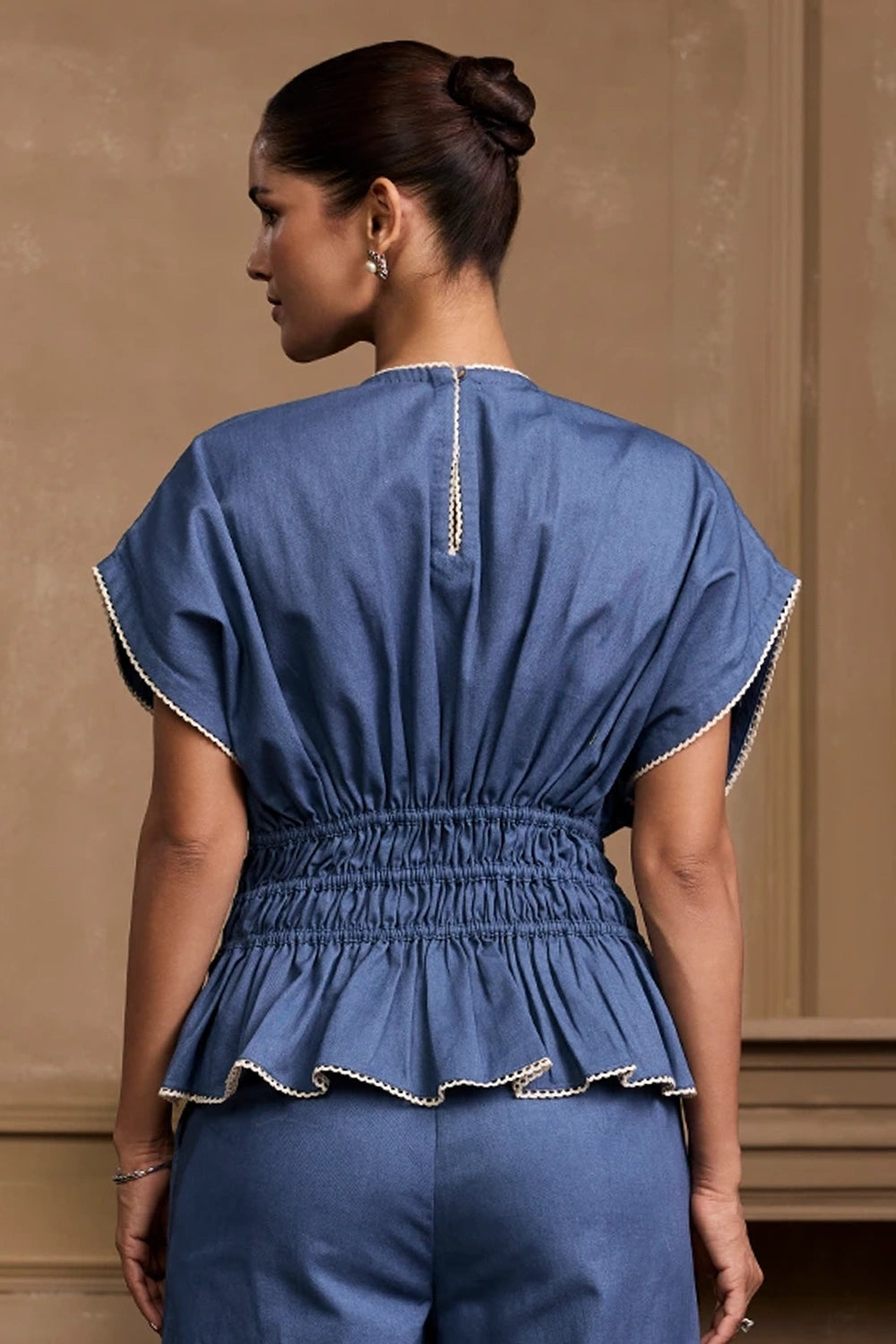 Blue Contrast Cutwork Pleated Top