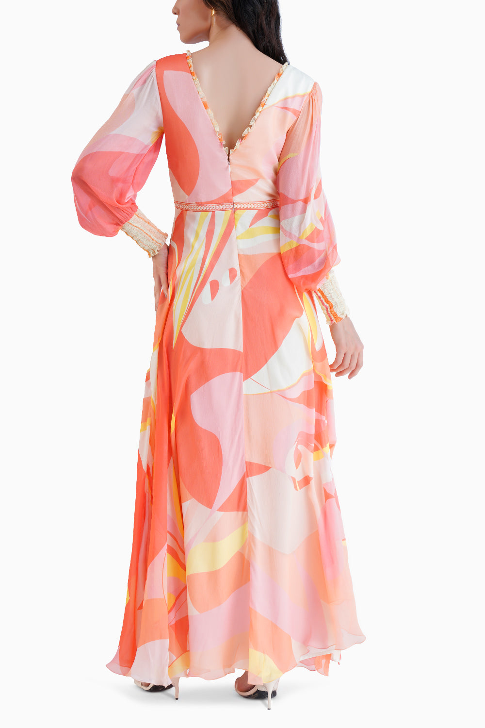 Peach Golden Ratio Printed Long Dress With Plunging Neckline